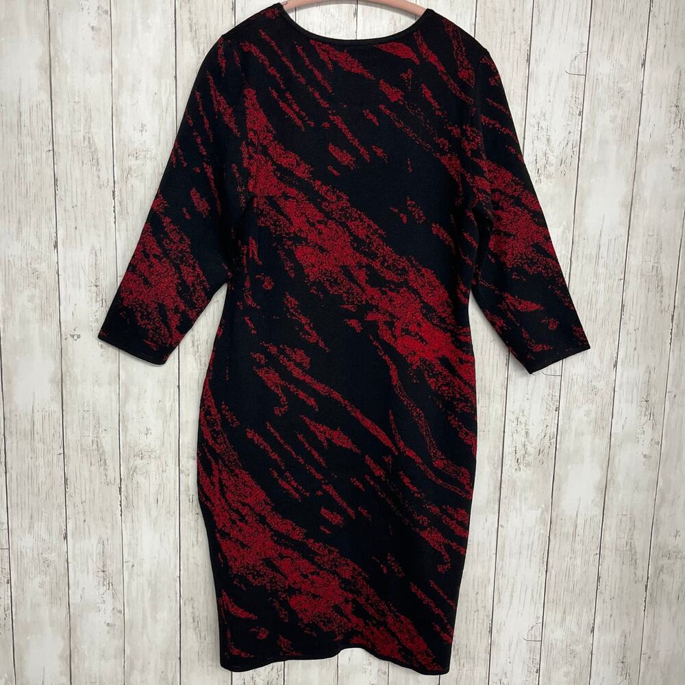 Nina Leonard Black Red Metallic Jacquard Sheath Dress M 3/4 Sleeve Holiday Party - Picture 2 of 8